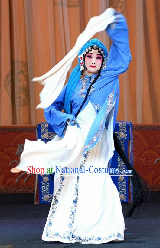 Chinese Beijing Opera Diva Garment Li Sanniang Costumes and Hair Accessories Traditional Peking Opera Young Mistress Dress Distress Maiden Apparels