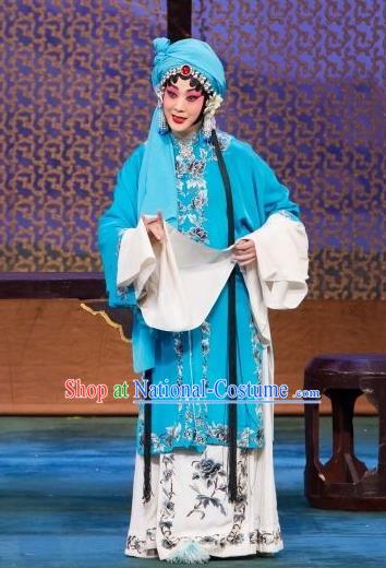 Chinese Beijing Opera Distress Maiden Garment Ye Zhu Lin Costumes and Hair Accessories Traditional Peking Opera Hua Tan Dress Actress Blue Apparels