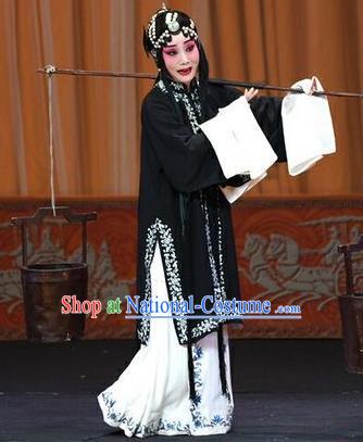 Chinese Beijing Opera Tsing Yi Garment Li Sanniang Costumes and Hair Accessories Traditional Peking Opera Distress Maiden Dress Young Female Apparels