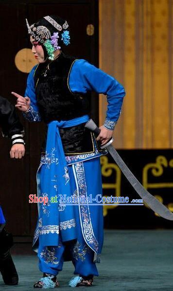 Chinese Beijing Opera Martial Female Garment Ci Ba Jie Costumes and Hair Accessories Traditional Peking Opera Actress Dress Swordswoman Ma Jinding Apparels