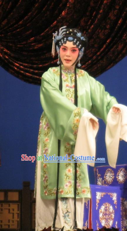 Chinese Ping Opera Actress Apparels Costumes and Headpieces Southeast Fly the Peacocks Traditional Pingju Opera Hua Tan Green Dress Garment