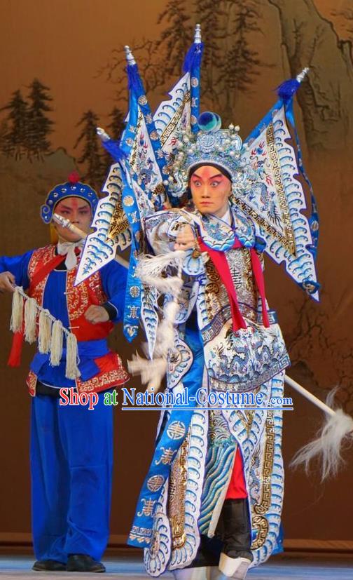 Legend of Xu Mu Chinese Peking Opera Armor Apparels Costumes and Headpieces Beijing Opera Military Officer Garment General Zhao Yun Kao Clothing with Flags