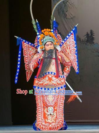 Legend of Xu Mu Chinese Peking Opera Red Armor Apparels Costumes and Headpieces Beijing Opera Military Officer Garment General Cao Ren Kao Clothing with Flags