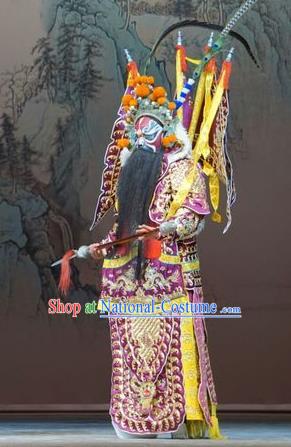 Legend of Xu Mu Chinese Peking Opera Purple Armor with Flags Apparels Costumes and Headpieces Beijing Opera Military Officer Garment General Li Dian Kao Clothing