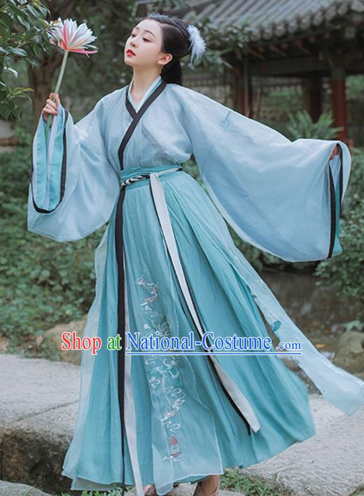 Chinese Traditional Jin Dynasty Embroidered Blue Hanfu Dress Garment Ancient Royal Princess Historical Costumes for Women