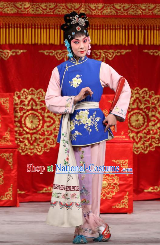 Chinese Beijing Opera Servant Girl Blue Garment Jin Yunu Costumes and Hair Accessories Traditional Peking Opera Xiaodan Dress Maid Lady Apparels