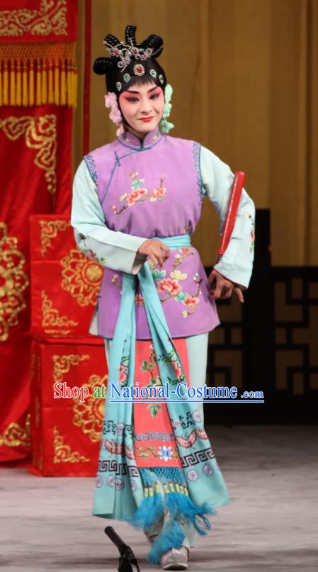 Chinese Beijing Opera Servant Girl Garment Jin Yunu Costumes and Hair Accessories Traditional Peking Opera Xiaodan Dress Maid Lady Purple Apparels