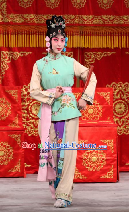 Chinese Beijing Opera Xiaodan Servant Girl Garment Jin Yunu Costumes and Hair Accessories Traditional Peking Opera Dress Maid Lady Green Apparels