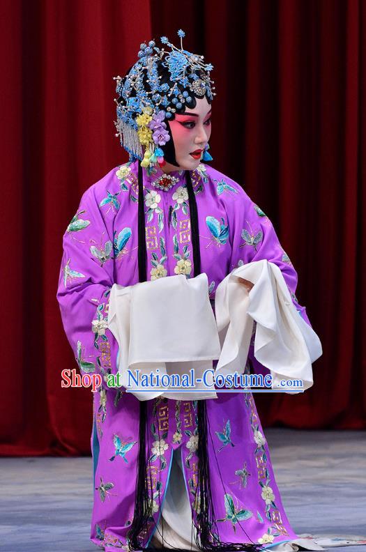 Chinese Beijing Opera Hua Tan Dou E Garment Snow in June Costumes and Hair Accessories Traditional Peking Opera Actress Purple Dress Young Female Apparels