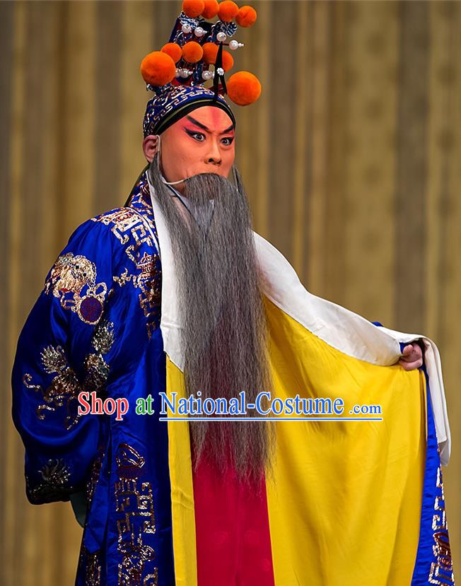 Four Heroes Village Chinese Peking Opera Wusheng Apparels Costumes and Headpieces Beijing Opera Martial Male Garment Swordsman Luo Hongxun Blue Clothing