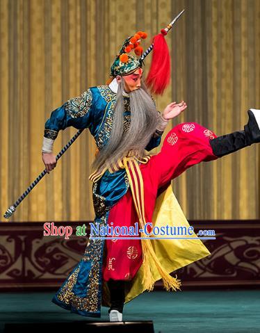 Four Heroes Village Chinese Peking Opera Swordsman Luo Hongxun Apparels Costumes and Headpieces Beijing Opera Martial Male Garment Wusheng Blue Clothing