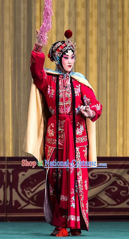 Chinese Beijing Opera Female Swordsman Garment Four Heroes Village Costumes and Hair Accessories Traditional Peking Opera Actress Hua Bilian Red Dress Apparels