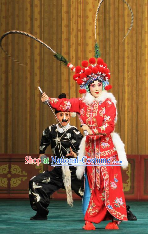 Chinese Beijing Opera Martial Female Garment Actress Costumes and Hair Accessories Traditional Peking Opera Wudan Red Dress Swordswoman Xu Peizhu Apparels