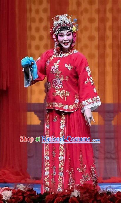 Chinese Beijing Opera Hua Tan Zhang Sumei Garment Jie Mei Yi Jia Costumes and Hair Accessories Traditional Peking Opera Bride Red Dress Actress Apparels