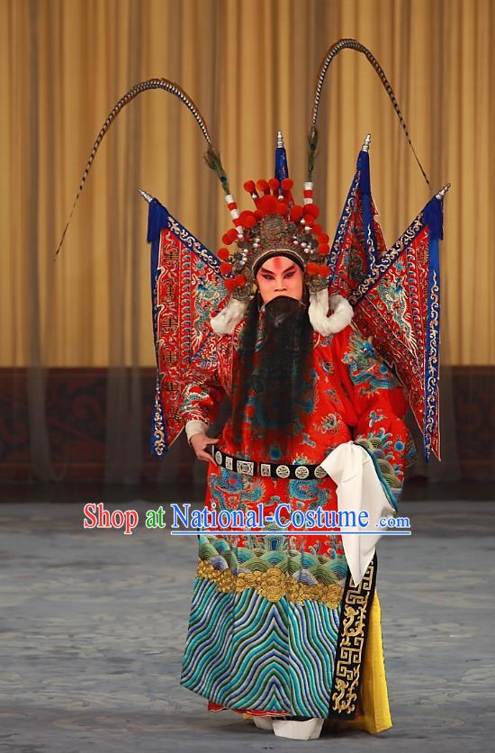 Ying Xiong Yi Chinese Peking Opera Wusheng Apparels Costumes and Headpieces Beijing Opera General Shi Wengong Garment Kao Clothing with Flags