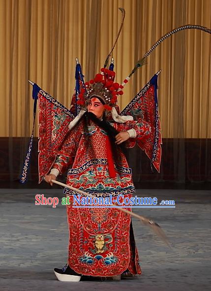 Ying Xiong Yi Chinese Peking Opera Wusheng Red Armor Apparels Costumes and Headpieces Beijing Opera General Shi Wengong Garment Kao Clothing with Flags