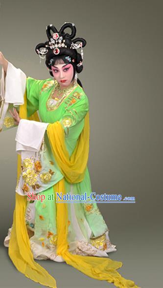 Chinese Beijing Opera Hua Tan Garment Costumes and Hair Accessories Ma Gu Xian Shou Traditional Peking Opera Young Lady Dress Goddess Green Apparels