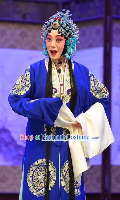 Chinese Beijing Opera Rich Madam Garment Sun An Dong Ben Costumes and Hair Accessories Traditional Peking Opera Actress Dress Young Mistress Blue Apparels