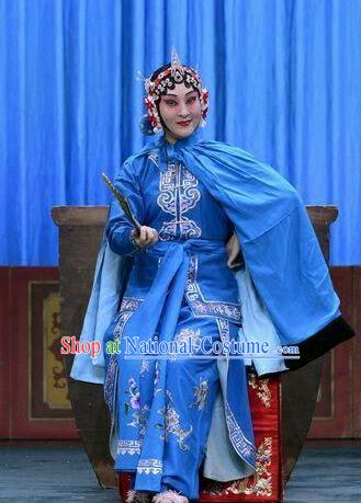 Chinese Beijing Opera Swordswoman Garment Da Jiu Guan Costumes and Hair Accessories Traditional Peking Opera Martial Female Blue Dress Apparels