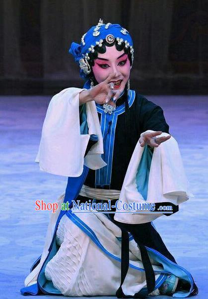 Chinese Beijing Opera Tsing Yi Garment Young Female Costumes and Hair Accessories Traditional Peking Opera Wang Baochuan Dress Distress Maiden Apparels