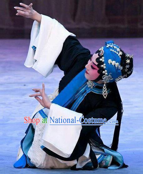 Chinese Beijing Opera Tsing Yi Garment Young Female Costumes and Hair Accessories Traditional Peking Opera Wang Baochuan Dress Distress Maiden Apparels