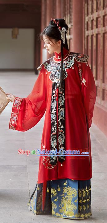 Chinese Traditional Ming Dynasty Patrician Lady Historical Costumes Ancient Nobility Female Embroidered Red Hanfu Dress Garment Complete Set