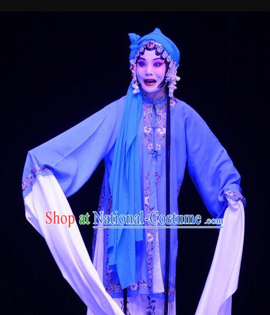 Chinese Ping Opera Distress Maiden Apparels Costumes and Headpieces Li Sanniang Traditional Pingju Opera Tsing Yi Blue Dress Garment