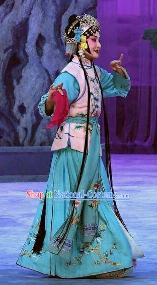 Chinese Beijing Opera Maidservant Garment Costumes and Hair Accessories Traditional Peking Opera Wang Baochuan Young Lady Dress Xiaodan Apparels