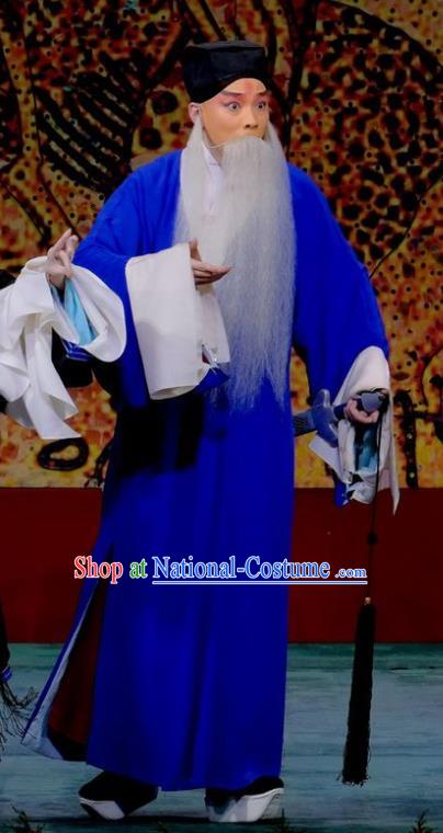 Ding Sheng Chun Qiu Chinese Peking Opera Laosheng Apparels Costumes and Headpieces Beijing Opera Old Man Garment Blue Robe Clothing