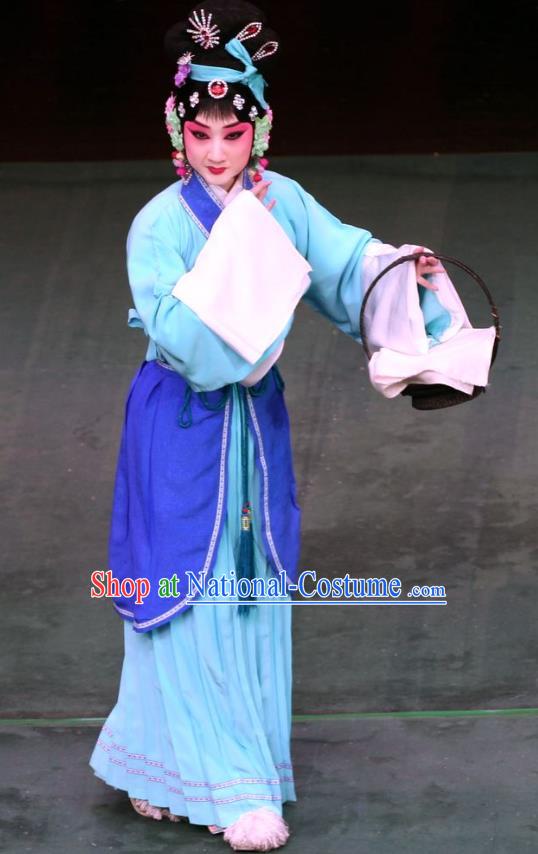 Chinese Beijing Opera Country Woman Garment Costumes and Hair Accessories Ding Sheng Chun Qiu Traditional Peking Opera Actress Dress Village Girl Apparels