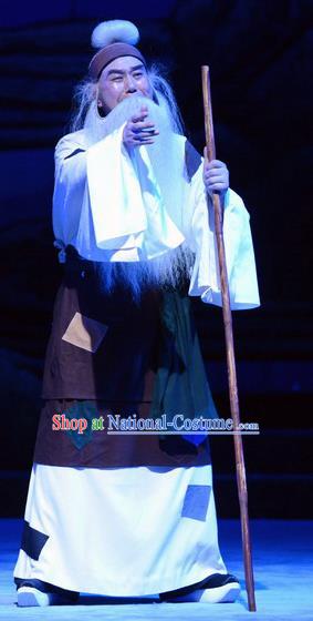 Breeze Pavilion Chinese Ping Opera Beggar Zhang Yuanxiu Garment Costumes and Headwear Pingju Opera Laosheng Apparels Clothing