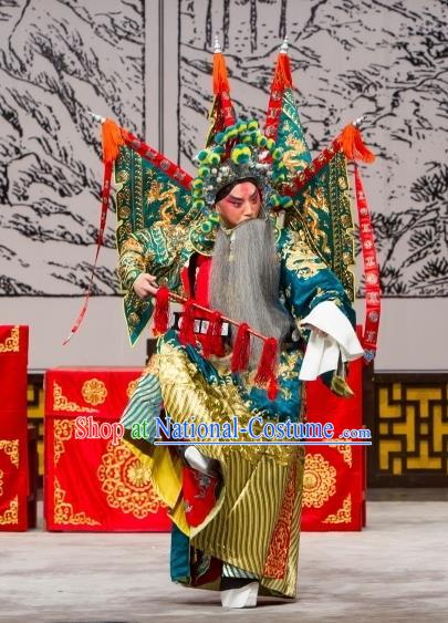 Long Tan Bao Luo Chinese Peking Opera General Luo Hongxun Kao Apparels Costumes and Headpieces Beijing Opera Green Armor Garment Clothing with Flags