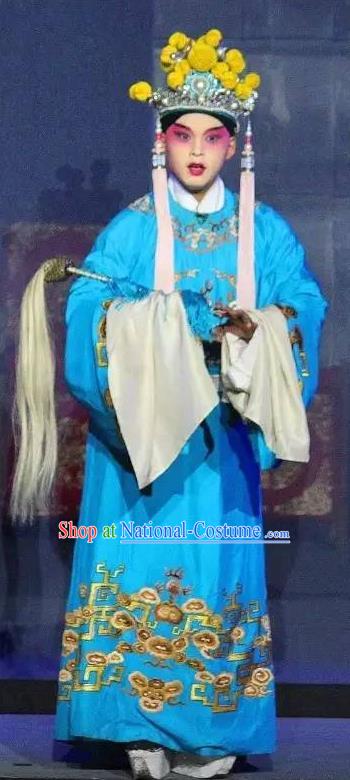 Tai Hou Gai Jia Chinese Sichuan Opera Young Man Court Servant Apparels Costumes and Headpieces Peking Opera Eunuch Garment Blue Clothing