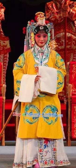 Chinese Sichuan Opera Queen Garment Costumes and Hair Accessories Traditional Peking Opera Empress Yellow Dress Hua Tan Apparels