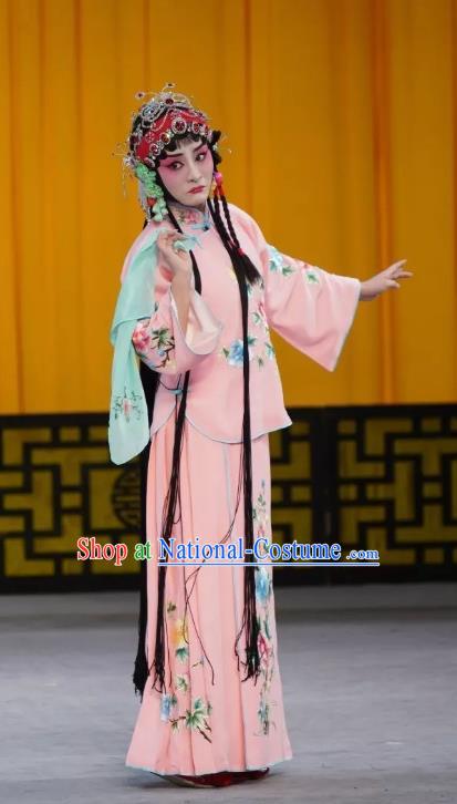 Chinese Beijing Opera Xiaodan Garment Costumes and Hair Accessories Traditional Peking Opera Young Lady Dress Maidservant Luan Ying Apparels