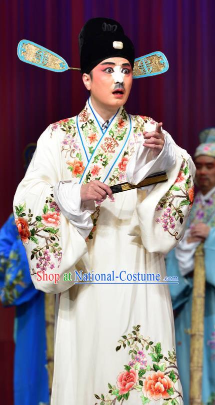 Divorce Case Chinese Sichuan Opera Scholar Apparels Costumes and Headpieces Peking Opera Chou Garment Clown White Robe Clothing