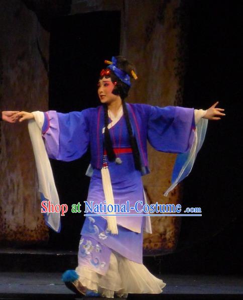 Chinese Sichuan Opera Maidservant Du Juan Costumes and Hair Accessories Hui Lan Ji Traditional Peking Opera Young Female Dress Actress Purple Apparels