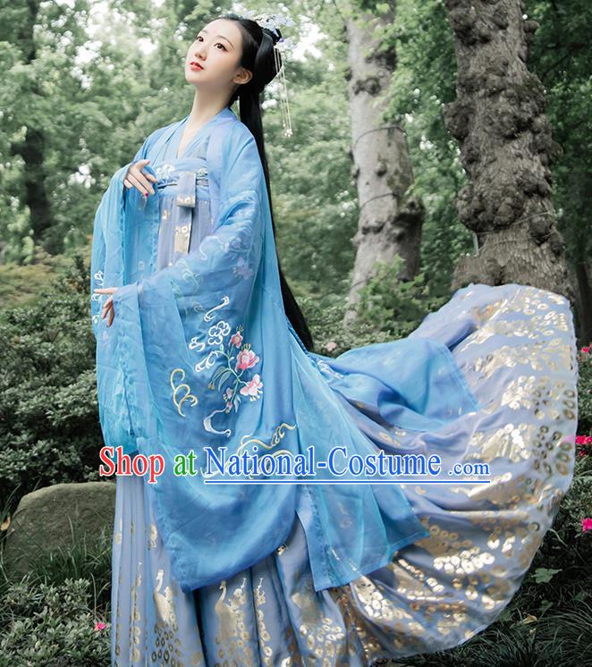 Chinese Traditional Ancient Tang Dynasty Historical Costumes Palace Princess Blue Hanfu Dress Apparels for Women