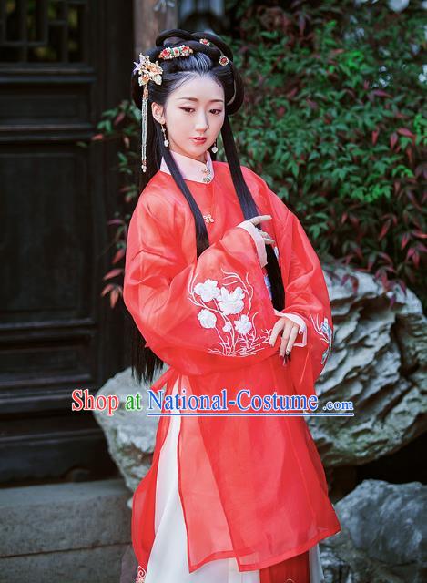 Chinese Traditional Ming Dynasty Embroidered Hanfu Dress Ancient Young Lady Apparels Historical Costumes for Women