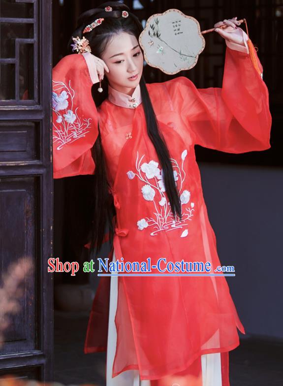 Chinese Traditional Ming Dynasty Embroidered Hanfu Dress Ancient Young Lady Apparels Historical Costumes for Women