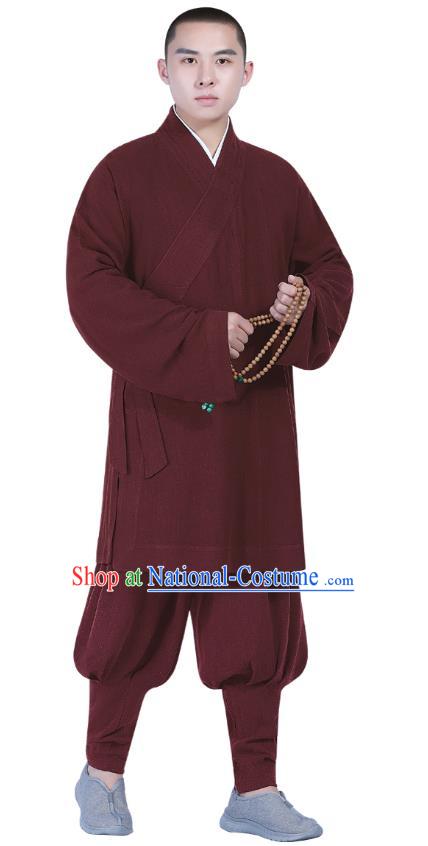 Chinese Traditional Monk Costume National Clothing Buddhism Wine Red Shirt and Pants for Men