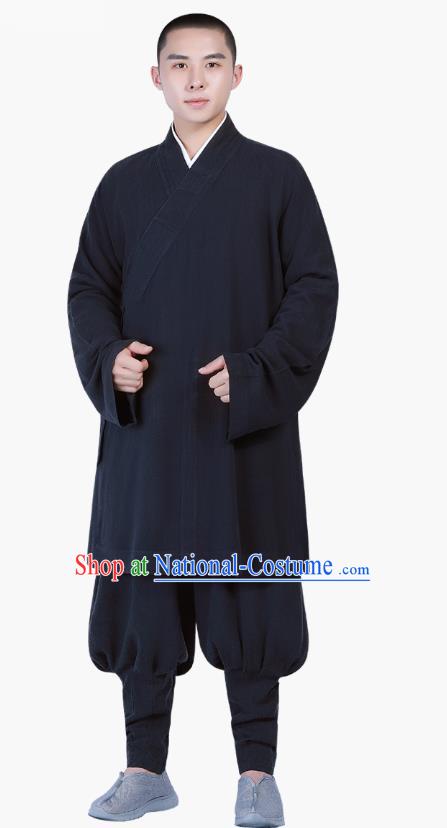 Chinese Traditional Monk Costume National Clothing Buddhism Navy Shirt and Pants for Men