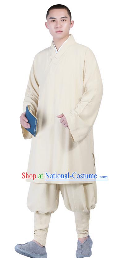 Chinese Traditional Monk Costume National Clothing Buddhism Beige Shirt and Pants for Men