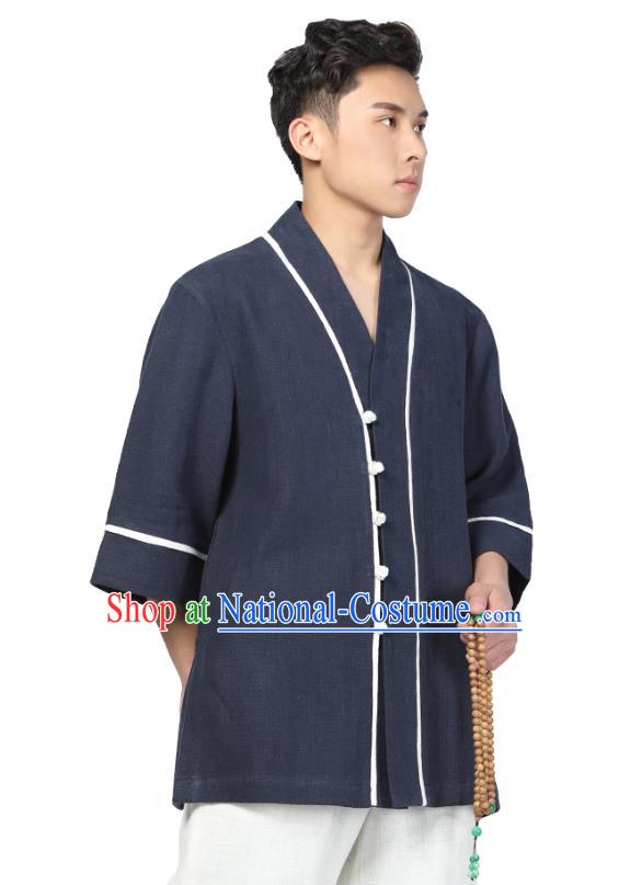 Chinese Traditional Tang Suit Upper Outer Garment Costume National Clothing Navy Ramie Shirt for Men