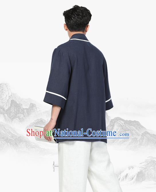 Chinese Traditional Tang Suit Upper Outer Garment Costume National Clothing Navy Ramie Shirt for Men