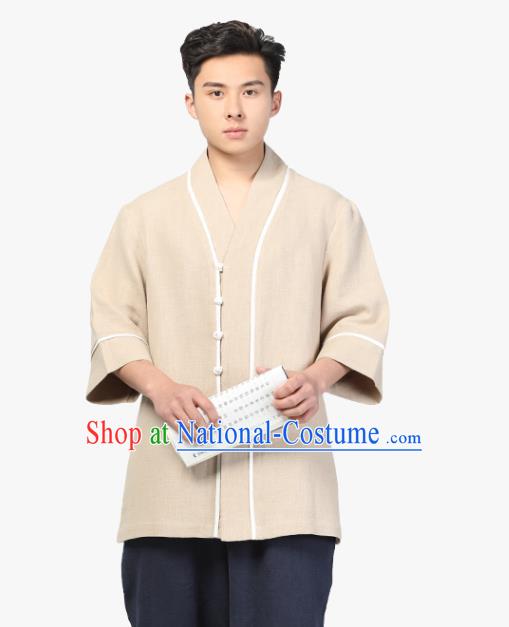 Chinese Traditional Tang Suit Upper Outer Garment Costume National Clothing Beige Ramie Shirt for Men