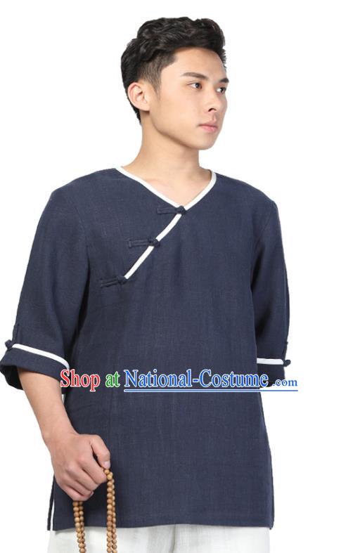 Chinese Traditional Tang Suit Costume National Clothing Slant Opening Navy Ramie Shirt Upper Outer Garment for Men