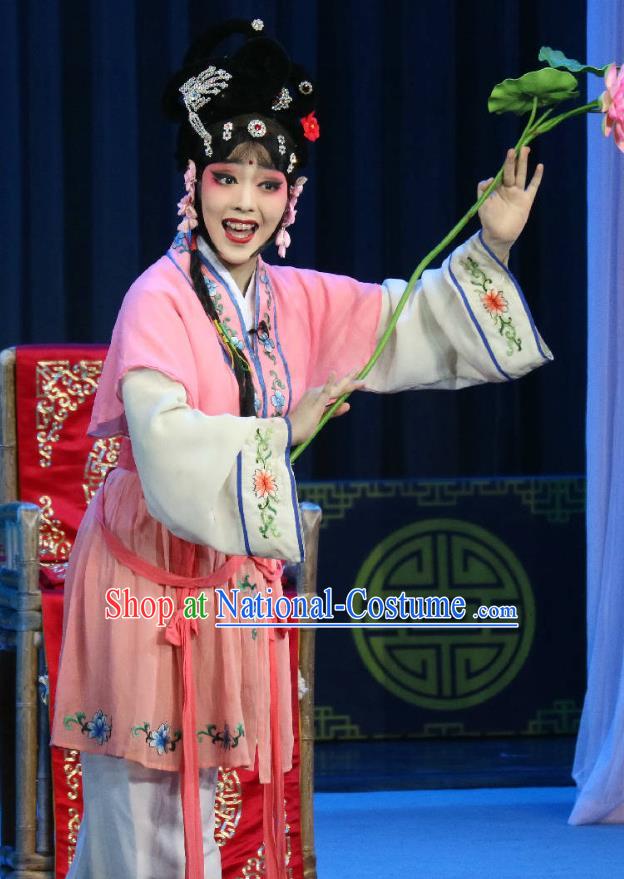 Chinese Sichuan Opera Xiaodan Garment Costumes and Hair Accessories Traditional Peking Opera Young Lady Dress Maidservant Girl Hong Er Apparels