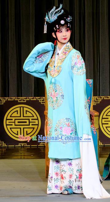 Chinese Sichuan Opera Diva Zhao Rong Garment Costumes and Hair Accessories Traditional Peking Opera Zhai Hong Mei Young Female Blue Dress Actress Apparels