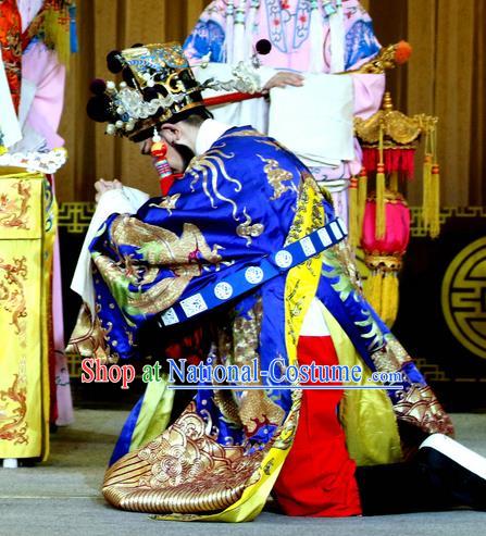 Jin Dian Shen La Chinese Sichuan Opera Official Blue Apparels Costumes and Headpieces Peking Opera Minister Garment Clothing